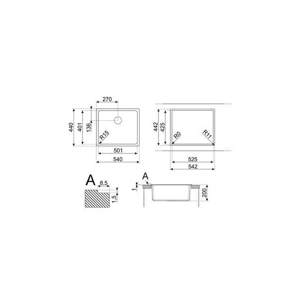 Smeg VFU50SFR Single Bowl Triple Installation Sink