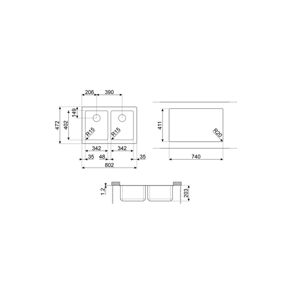 Smeg VSTR3434-2 Undermount Sink