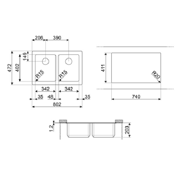 Smeg VSTR3434-2 Undermount Sink